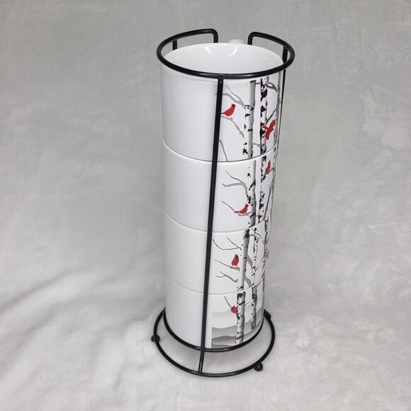White River Cardinal on Birch Stackable Coffee Mugs Set of 4 With Rack Rustic - Picture 3 of 16
